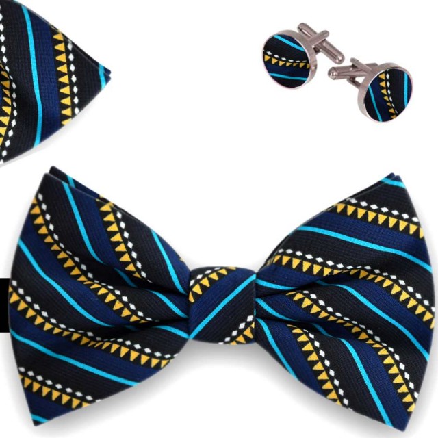 Set papion barbati, batista, butoni, negru, mixuri de imprimeuri